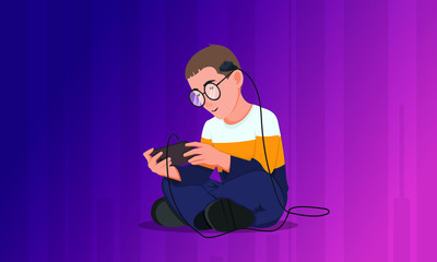 Little boy with smartphone sitting, gadget addiction concept flat vector illustration. Kid's dependence on a smartphone, gadget or the Internet. Brain and mobile phone technology.