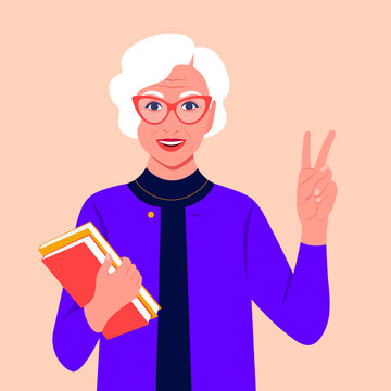 An elderly woman with books smiles and shows a victory sign. Happy oldness. Grandmother. Hand gesture. Vector flat illustration
