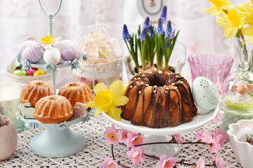 spring table with easter cakes