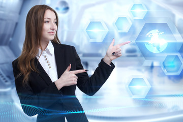 Business, Technology, Internet and network concept. Young businessman working on a virtual screen of the future and sees the inscription: