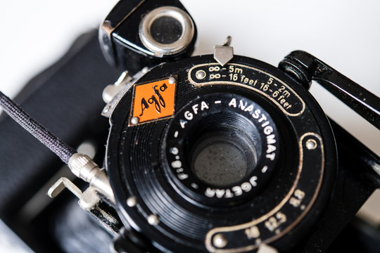 Vintage retro Agfa Billy photo camera detail on lens and logo