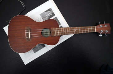 Fototapeta na wymiar Musical note, glasses and ukulele on a black background