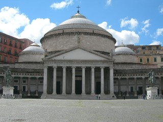 Naples &ndash;  Basilica of San Francisco de Paola with facade fronted by a portico resting on columns and Ionic pillars