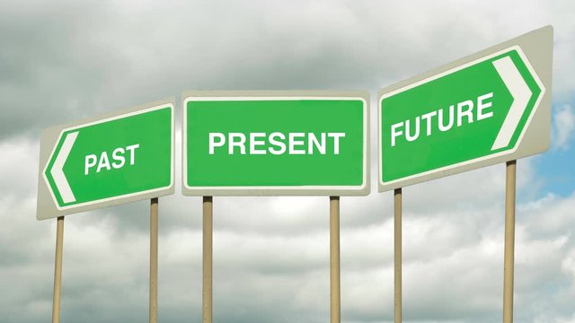 Road signs pointing the way to the past and to the present and to the future with timelapse white clouds in the background.  Look to the past present or future.