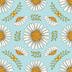 Seamless pattern of daisies and leaves on a blue polka dot background