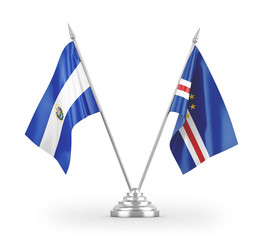 Cabo Verde and El Salvador table flags isolated on white 3D rendering