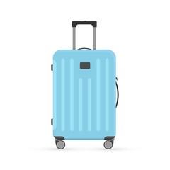 Vector cartoon flat illustration of light blue suitcase isolated on white background. Luggage travel bag with wheels and shadow. Modern polycarbonate suitcase for design, flyer, card, icon, clip art.