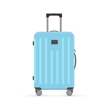 recommend clip art: Vector cartoon flat illustration of light blue suitcase isolated on white background. Luggage travel bag with wheels and shadow. Modern polycarbonate suitcase for design, flyer, card, icon, clip art.