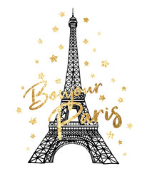 Bonjour Paris illustration with gold glitter stars and Eiffel Tower. France symbol on white background © Tamiris