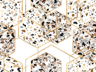 Naadloos stenen zeshoekig geometrisch patroon met gouden glitterlijnen en terrazzo-polygonen
