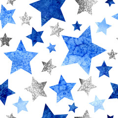 Seamless pattern with silver glitter and blue watercolor stars on white background