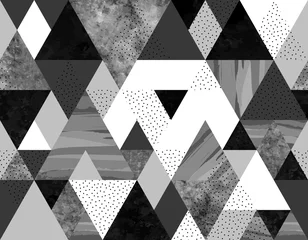 Wall murals Black and white geometric modern Seamless geometric abstract pattern with black, spotted and gray watercolor triangles on white background
