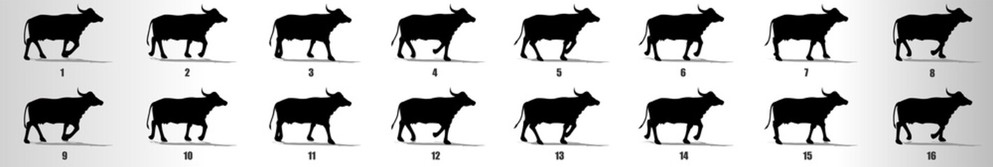 Buffalo cycle animation frames silhouette, loop animation sequence sprite sheet 