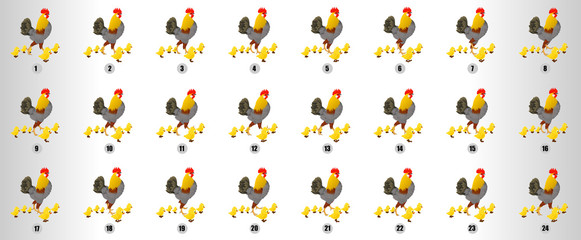 Hen Walk Cycle animation sequence with chiks, loop animation sprite sheet