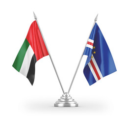 Cabo Verde and United Arab Emirates table flags isolated on white 3D rendering