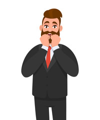 Shocked young business man keeping  hand on cheek. Scared person holding both hands on face. Male character design illustration. Human emotions and expressions concept in vector cartoon style.