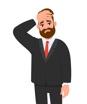 Frustrated man holding hand on head. Unhappy person squeezing forehead. Headache or migraine. Male character design illustration. Emotions and modern lifestyle concept in vector cartoon style.