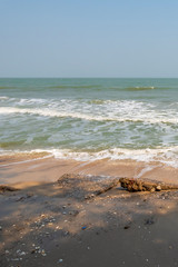 soft wave clear blue transparency sea ocean water and rocks at the bottom of the tropical paradise summer sea view at lan Island, Pattaya beach, Chonburi, Thailand.