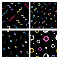 Vector set of simple bright seamless pattern on black background
