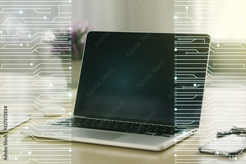 Poster creative abstract micro circuit sketch on modern laptop background, future technology and ai concept