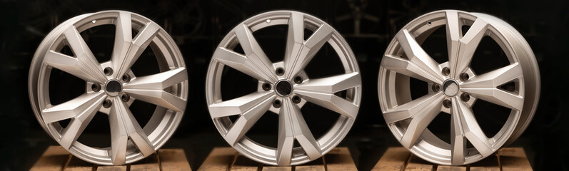 three silvery new cast aluminum wheels on a black background close-up, long layout