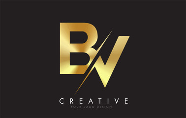Obraz premium BV B V Golden Letter Logo Design with a Creative Cut.