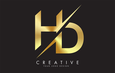 HD H D Golden Letter Logo Design with a Creative Cut.