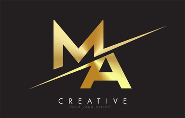 MA M A Golden Letter Logo Design with a Creative Cut.