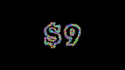 Colorful 3D writting of $9 text with small objects over a dark background and matching shadow