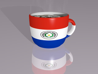 3D illustration of country flag of Paraguay placed on a cup of hot coffee with a realistic perspective and shadows mirrored on