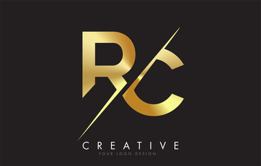RC R C Golden Letter Logo Design with a Creative Cut.
