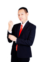 Asian business man smart guy with skin head hair style standing action Isolated on white backgrounds
