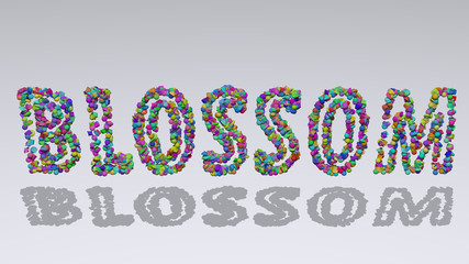 Blossom: 3D illustration of the text made of small objects over a white background with shadows