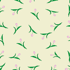 Hand drawn seamless pattern tulip flowers with leaves. Flower isolated on color background. Botanical organic spring herb. hand drawn in doodle. Collection for cards and labels, books and banners.