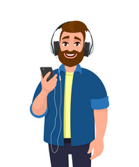 Happy young man holding a phone and listening music with headphones. Trendy person enjoying songs with  earphones. Male hearing tunes from smartphone with headset. Modern lifestyle in vector cartoon.