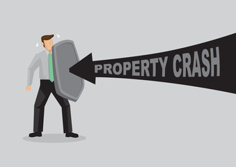 Businessman protect himself with shield from property crash.