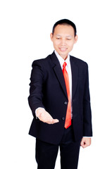 Asian Business man hand giving to in front of Isolated on white backgrounds