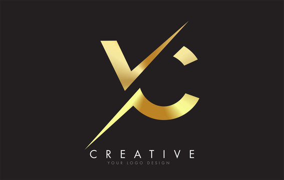 VC V C Golden Letter Logo Design with a Creative Cut.