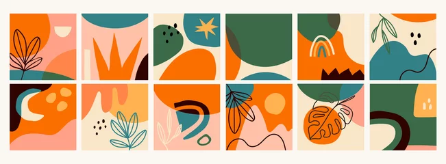 Großes Set von zwölf abstrakten Hintergründen. Handgezeichnete verschiedene Formen und Doodle-Objekte. Zeitgenössische, moderne, trendige Vektorgrafiken. Jeder Hintergrund ist isoliert. Pastellfarben © Dariia