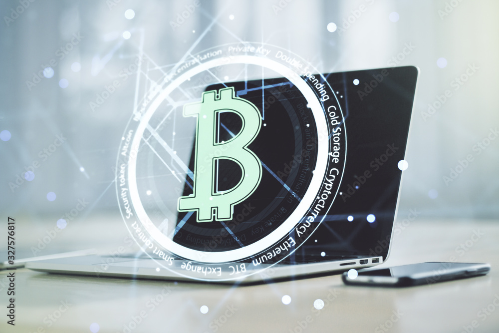 Poster double exposure of creative bitcoin symbol hologram with computer on background. mining and blockcha