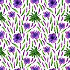 Seamless pattern of watercolor purple flowers and green plants . White background.