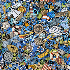 Obraz premium Cartoon cute doodles hand drawn Marine seamless pattern.