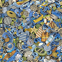 Fototapeta premium Cartoon cute doodles hand drawn Marine seamless pattern.