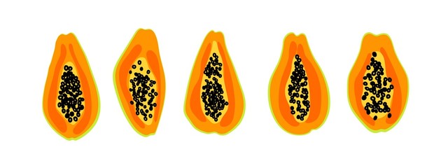 Papaya set. Ripe fruit half cut with seeds. Vector drawn icons isolated on white. Cartoon flat design. Colorful illustration. Bright tropical