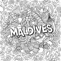Maldives hand drawn cartoon doodles illustration. Funny travel design.