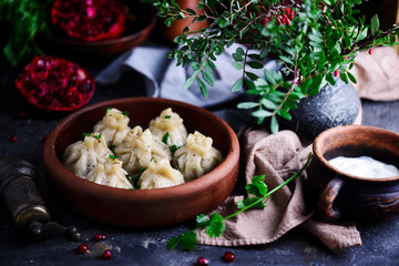 khinkali. traditional Georgian dish.. style rustic