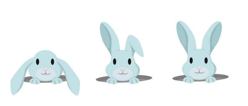 Rabbit peeps out of hole. Vector set of cute bunnies in cartoon style.