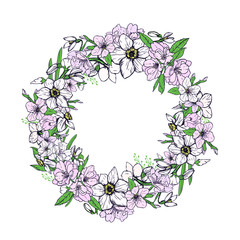 vector wreath of spring flowers - snowdrops, daffodils, flowers of apple and sakura. The inscription inside the spring wreath.
