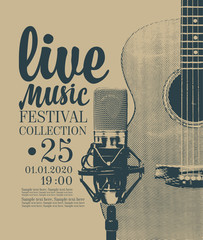 Vector poster for a live music festival or concert with a guitar, microphone and place for text in retro style. © paseven