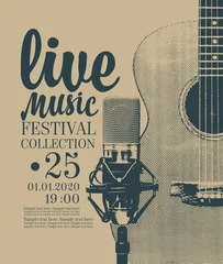 Poster Vector poster for a live music festival or concert with a guitar, microphone and place for text in retro style. © paseven